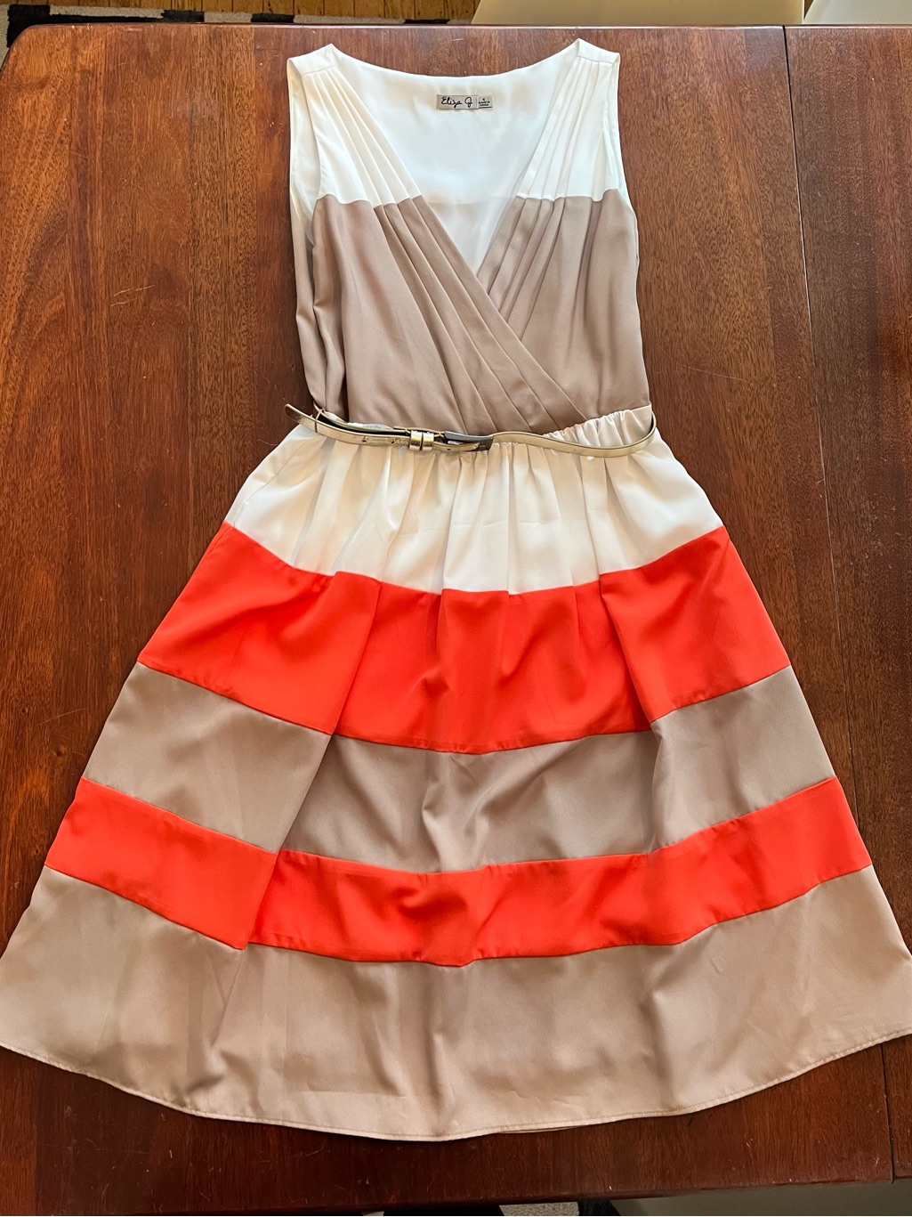 Eliza J Striped Sleeveless V-Neck Fit & Flare Dress In Orange, Cream, Taupe